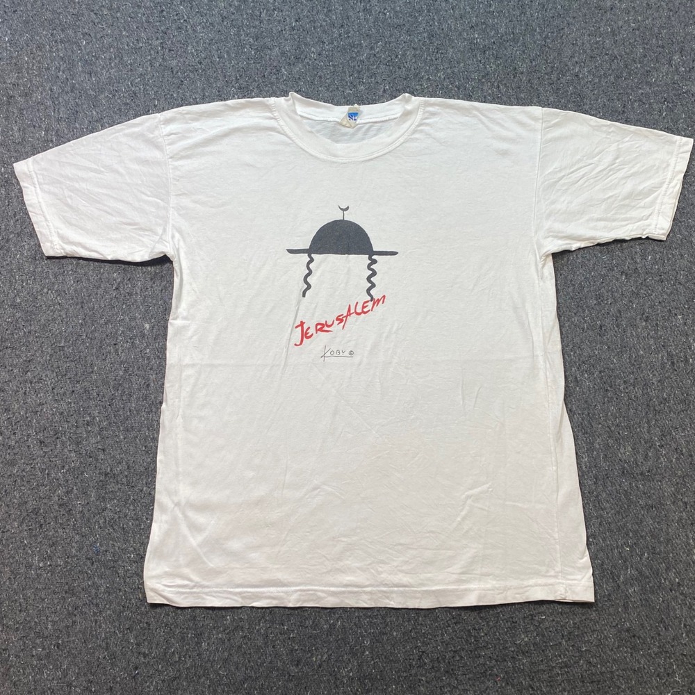Koby Jerusalem TShirt Sz XL Mens White Vintage 90s Graphic Made in Israel Art
